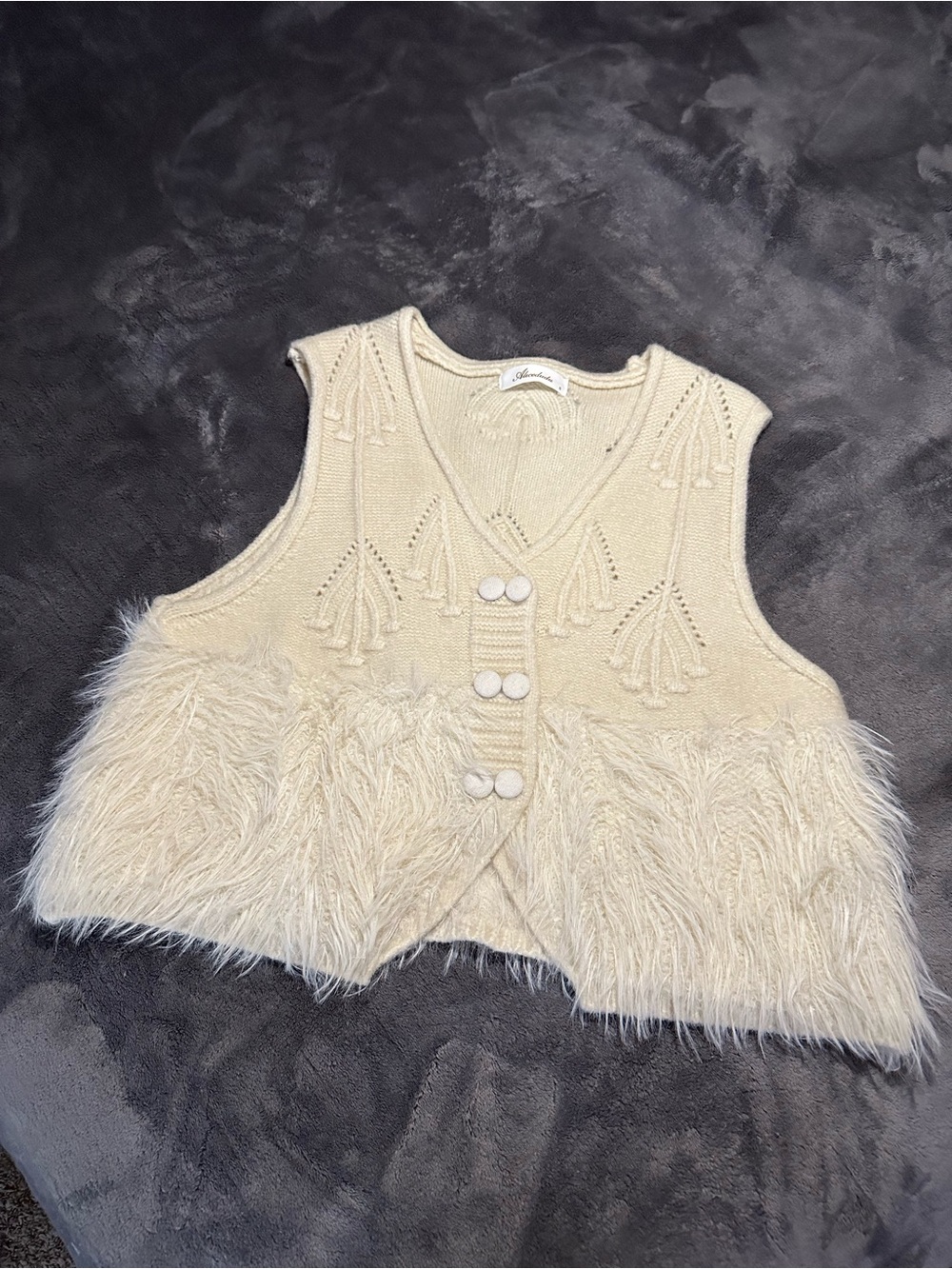 Vintage-Inspired Cream Knit & Faux Fur Vest - Women's Sweater